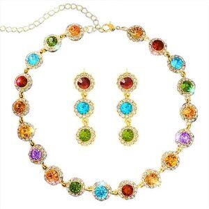 Colorful Crystal Jewelry Set Necklace Earrings Rhinestone Sparkly Party Gift Wom